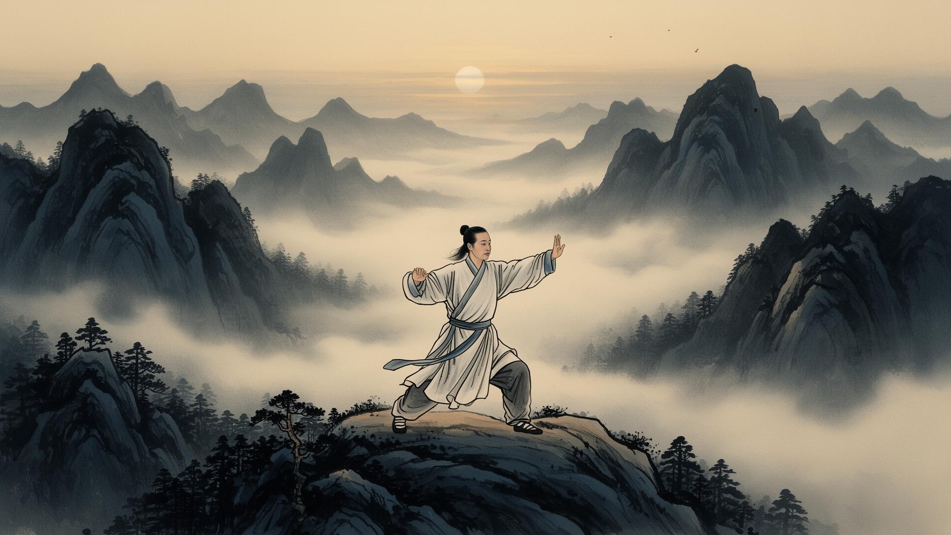 A practitioner moving through a Taijiquan form in morning mist