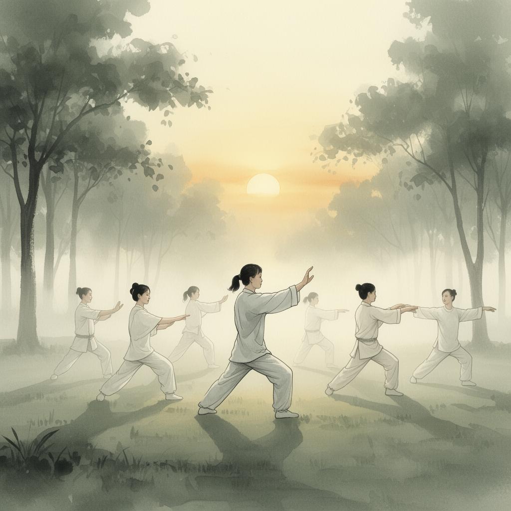 A group practising Qigong together at sunrise